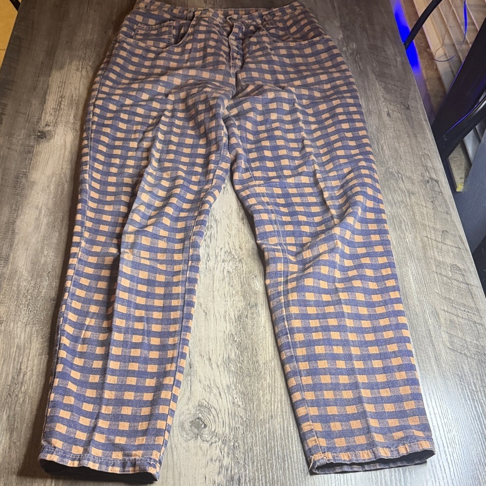90’s Y2K Breaker Jeans Basic Blues Brown & Navy Gingham High Rise Tapered Pants - Picture 3 of 6